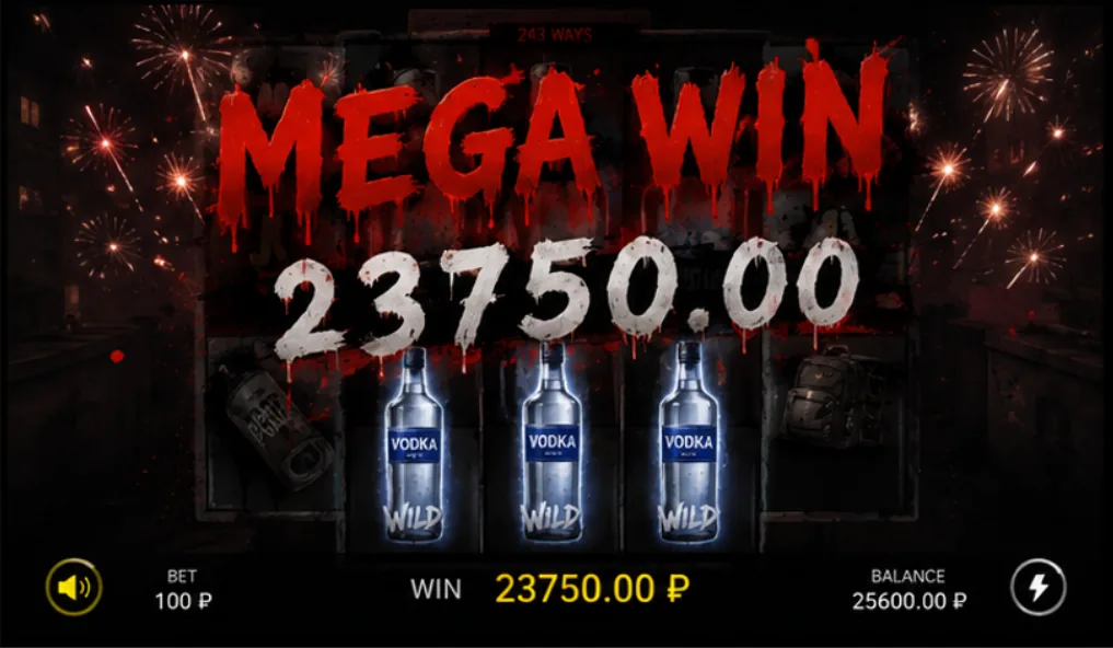 Parkur Vodka — экран Mega Win: выигрыш 23750₽, три Wild на барабанах, салют на фоне