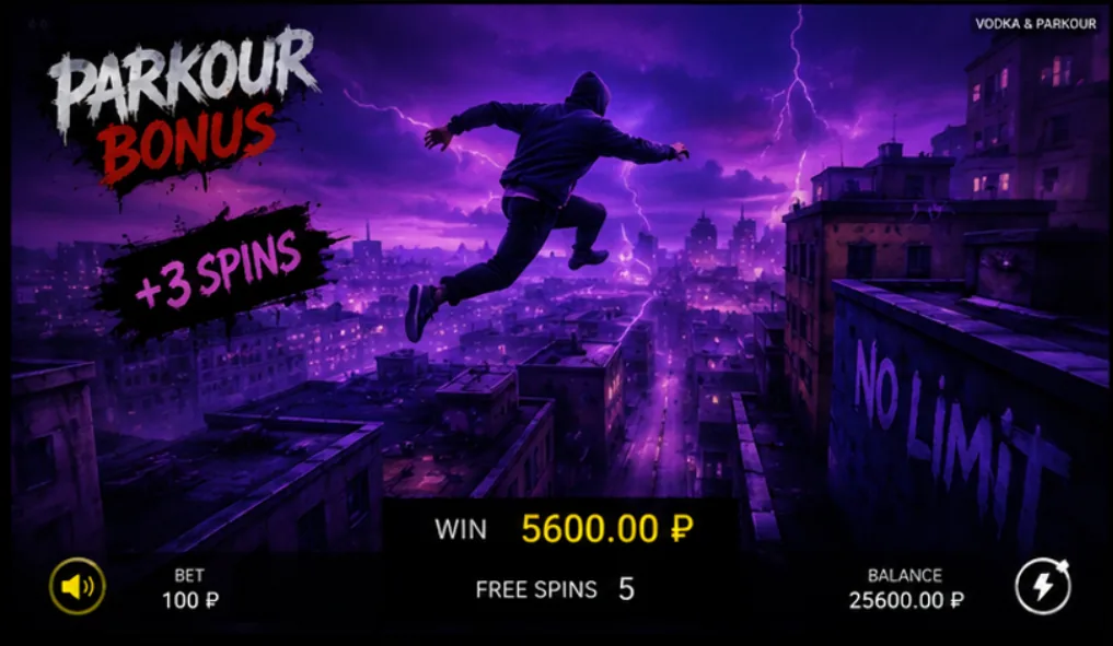 Parkur Vodka — экран Parkour Bonus: +3 спина, выигрыш 5600₽, Free Spins 5